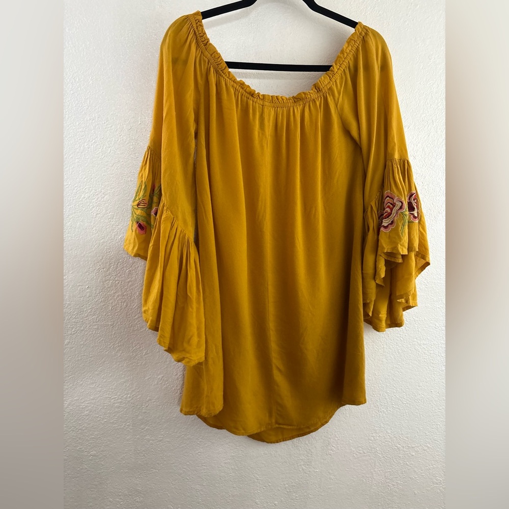 Feathers Off Shoulder Dress Floral Embroidery Mustard Women Bell Sleeve Boho M